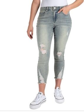 Indigo Rein Juniors' Mid-Rise Destructed Curvy Crop Jeans MedBlue SIZE 3 W25 NWT